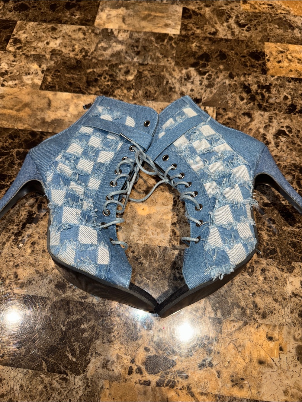 Checkered Denim Lace-Up Peep Toe High Heel Booties - Blue - Size 40 / 8.5-9